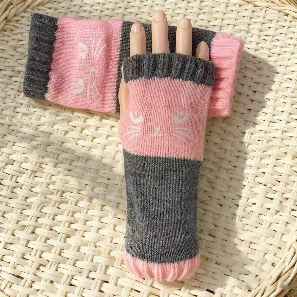 Fashion Thickened Knitted Fingerless Gloves Soft Thick Half Finger Gloves Windproof Color Block Cat Embroidery Gloves Girls