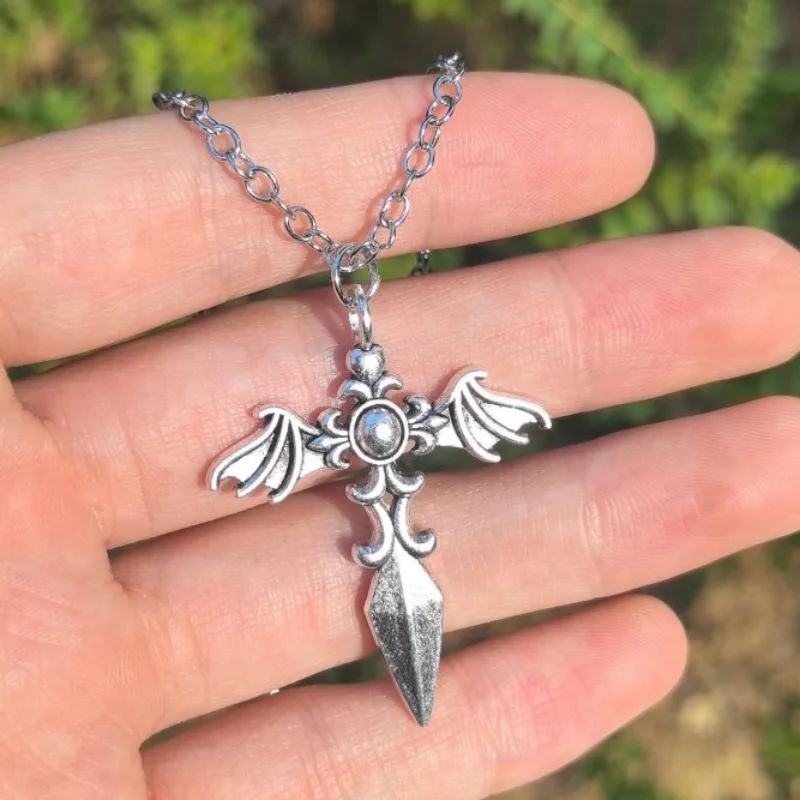 9-piece Gothic cross necklace set with bat wings, rose thorns decoration, cross pendant, silver chain, punk, dark aesthetic jewe