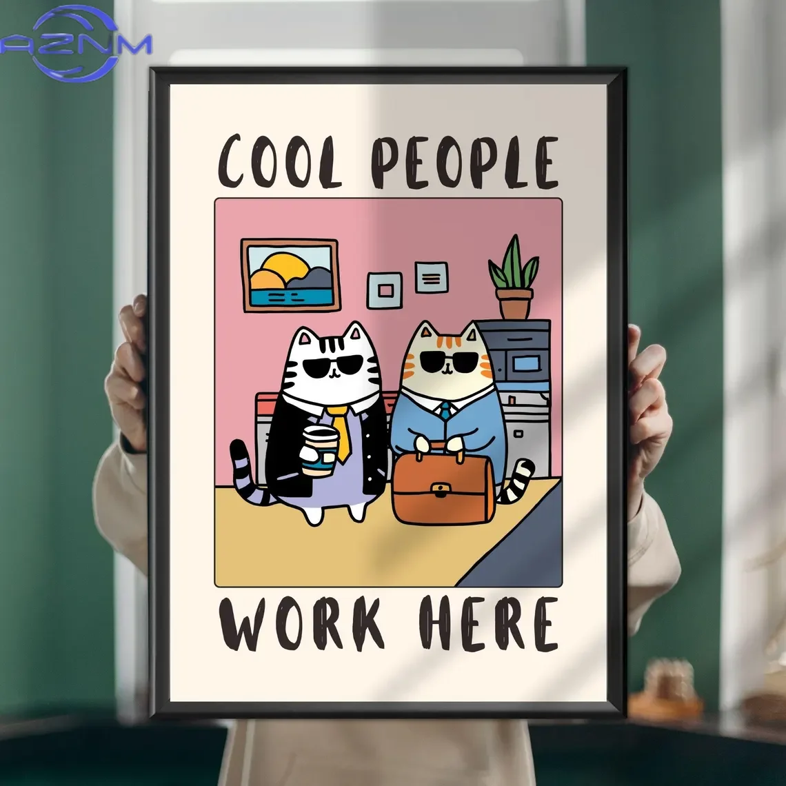 AZNM Cool People Work Here Cat Poster – Funny Office Wall Art Print – Workplace, Corporate, or Home Office Cat Decor
