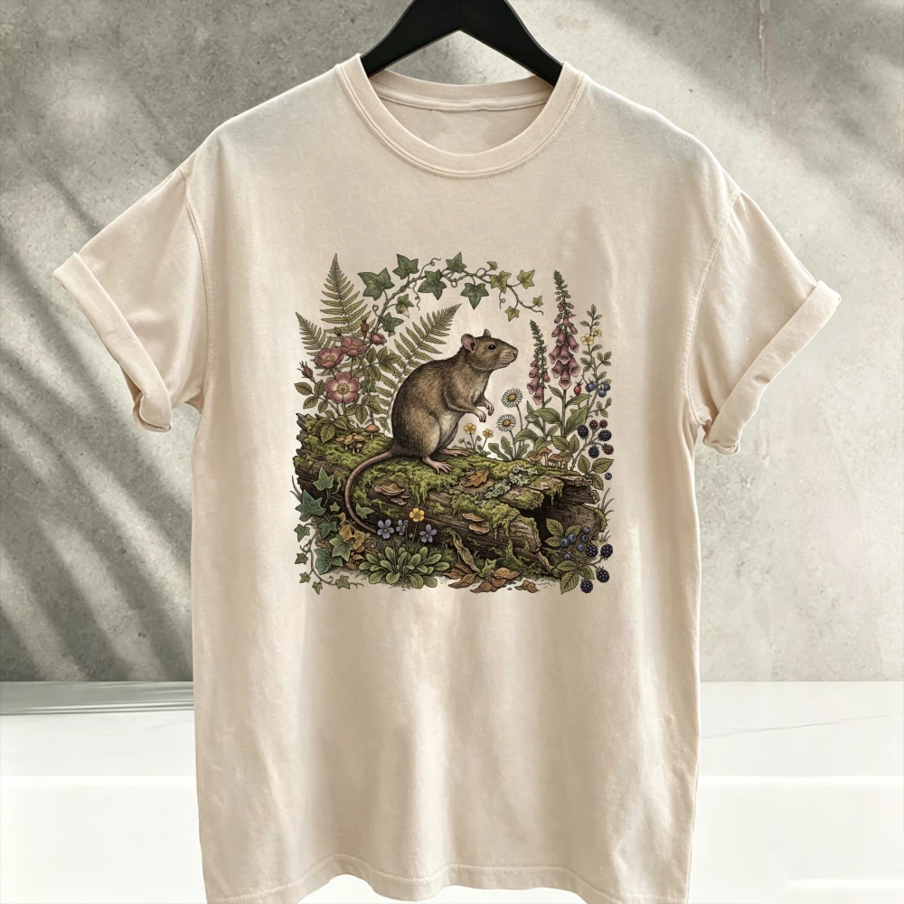 Vintage Botanical Rat Graphic Tee Cottagecore Forest Animal Shirt Goblincore Wildflower T Shirt Realistic Mouse Floral Frame Fer