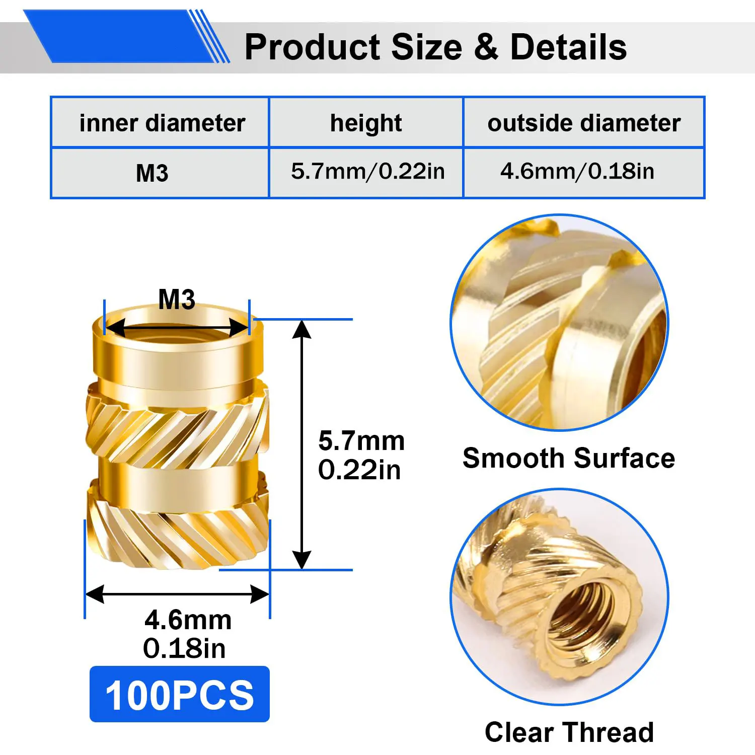 100Pcs M3 Brass Threaded Inserts Heat Set Insert for 3D Printing Plastic Components M3x5.7x4.6mm Metric Knurled Nuts,