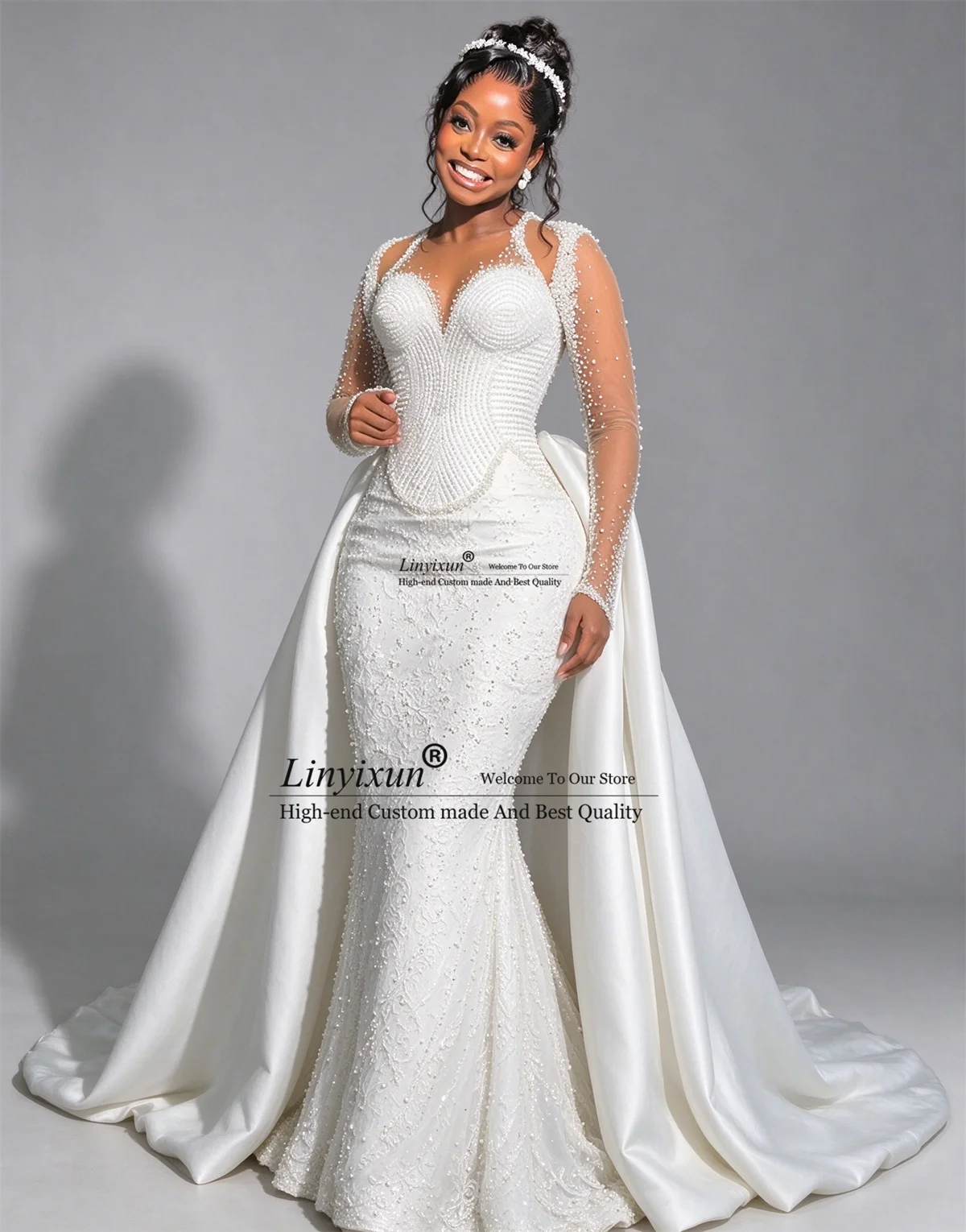 Elegant Beaded Wedding Dresses With Remove Train Long Bridal Gowns Customized Full Sleeves Mermaid Bride Vestidos De Novia