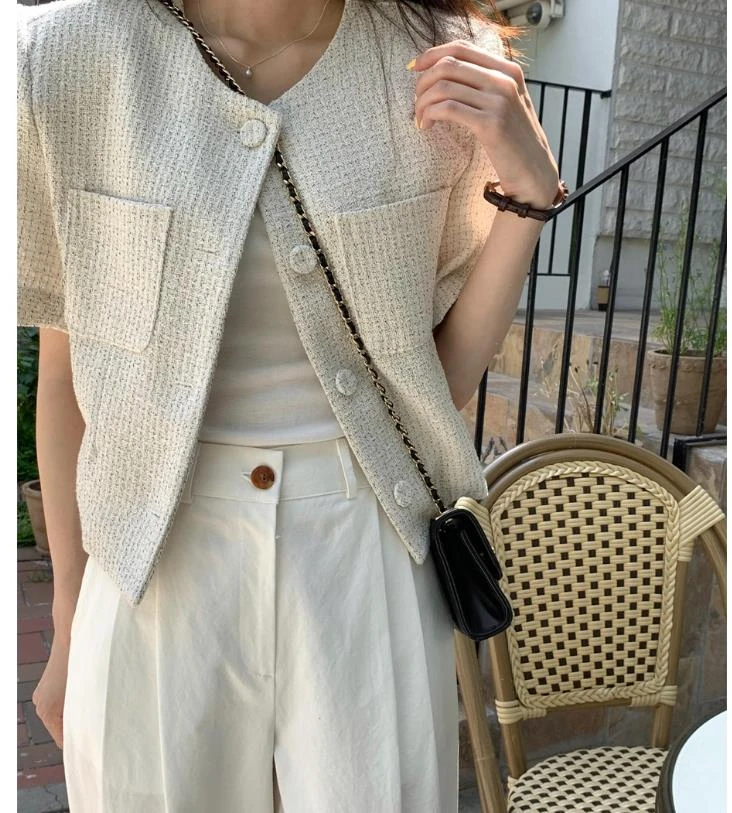Women's Summer Elegant Pockets O Neck Short Sleeve Tweed Jacket Lady Korean Style Single Breasted Short Tweed Outwear Top