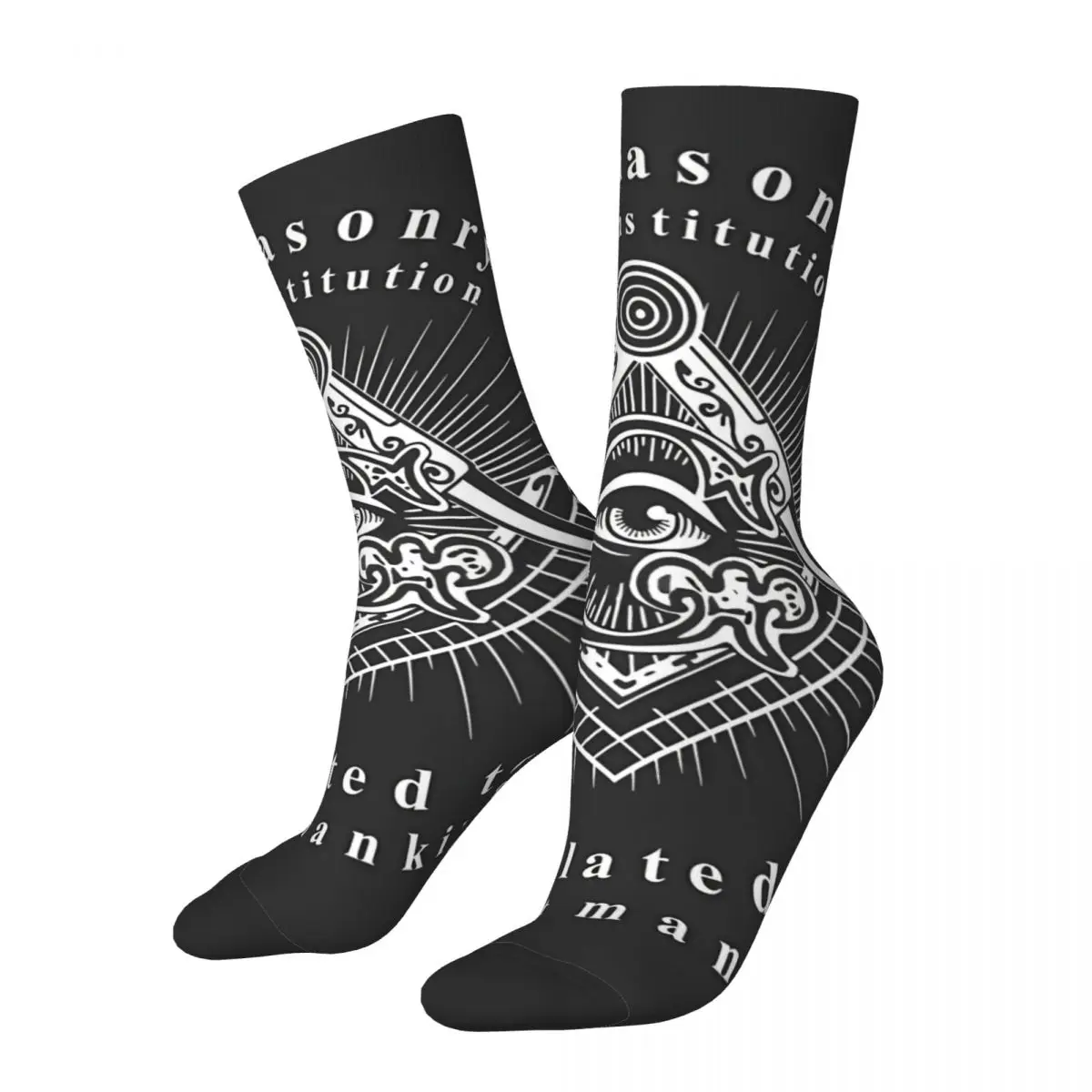 Funny Crazy Sock for Men Masonic Lodge Square Compass Mason Symbol Eyes Hip Hop Freemason Breathable Printed Crew Sock Gift