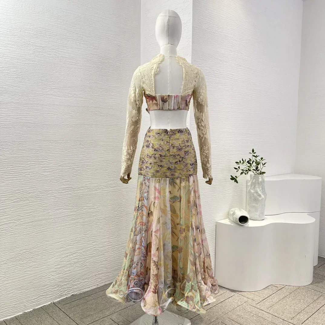 Zijde 2024 nieuwe herfst geplooid ontwerp meerkleurige bloemenprint uitgesneden lange mouwen kant patchwork strik dames maxi-jurk