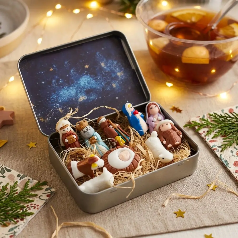 Metal Tin Box Mini Christmas Trough Set Holy Family Hand Painted Nativity Manger Scene Kit 3D Printed Shepherd Animal