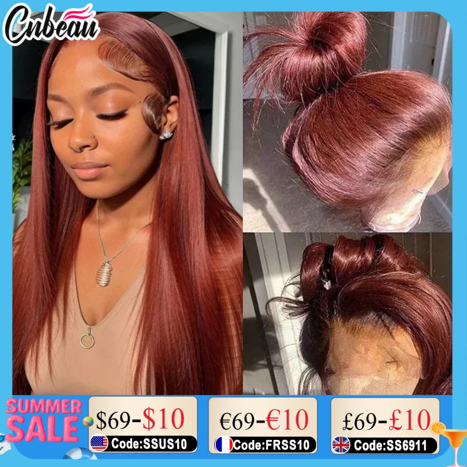 

220% 30 36 Inch #33 Reddish Brown Colored Human Hair Wigs For Women Transparent 13x4 13x6 ront Straight 100% Real Glueless Wigs