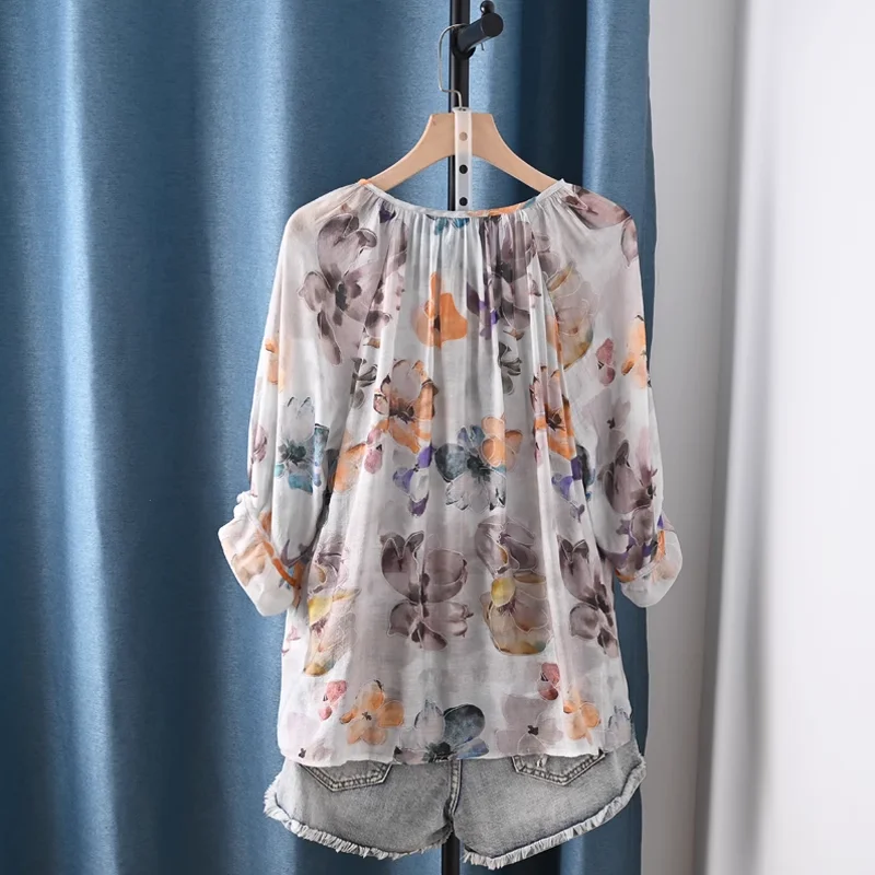 여름 탑 여성 2025 스페인 스타일의 세련된 디자인 꽃 무늬 셔츠와 여성용 블라우스 홀리데이 비치 3/4 슬리브 탑