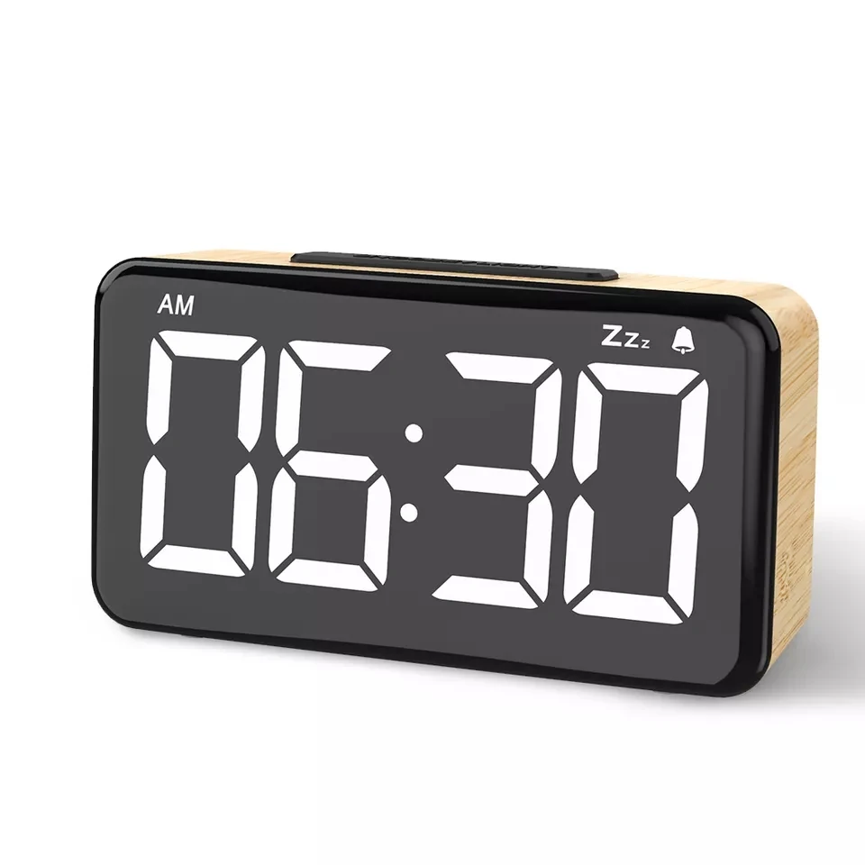 Modern LED Digital Clock Wooden Alarm Clock Snooze Display Time Electronic Desk Table Clock Home Office Desktop Alarm Clock