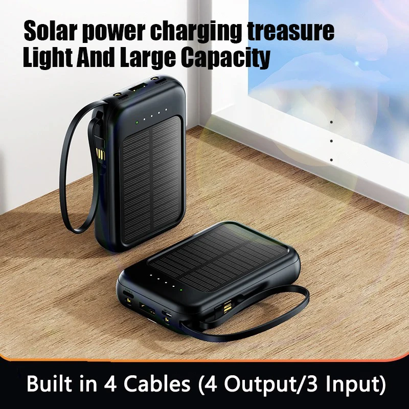 Banca di energia solare da 50000 mAh con cavo integrato Caricatore rapido 2 porte USB Caricatore esterno e luce LED per Iphone Samsung Xiaomi