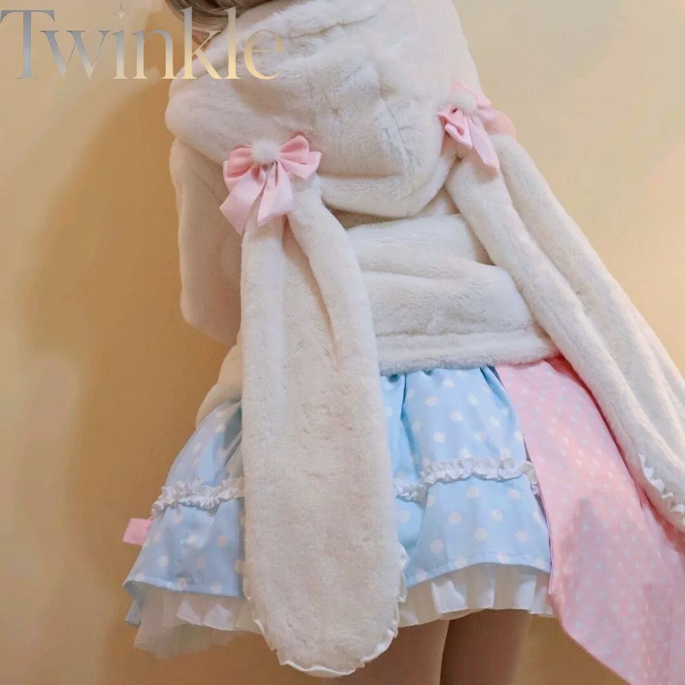 Lolita Coat Bunny Ear Hooded Faux Fur Fleece Lined Women Winter Sweet Kawaii Harajuku Thickened Outerwear Original