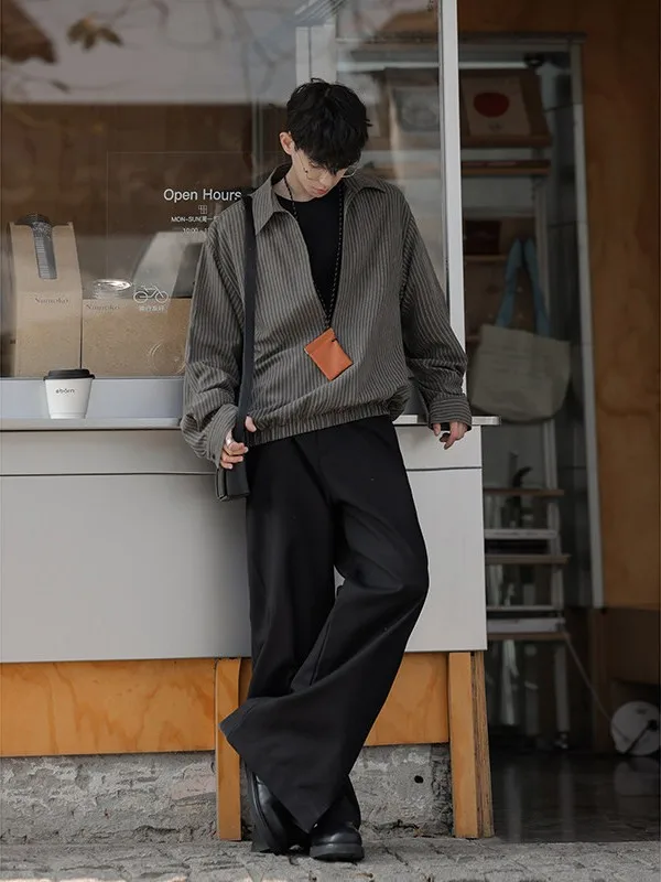 

Повседневная мужская рубашка в полоску, удобная, свободного кроя, в уличном стиле, с художественным дизайном, из полиэфирного волокна, с длинным рукавом, V-образным вырезом, для повседневной носки