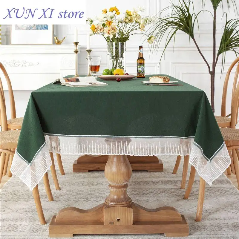 

New Solid Color Lace Edge Table Cover,French Retro Style Cotton Tablecloth Kitchen Dining Room Party Holiday Tabletop Decoration