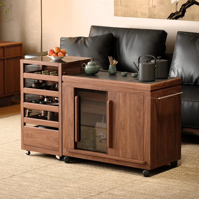 Solid wood movable tea table living room cabinet with tea making small apartment balcony small  table