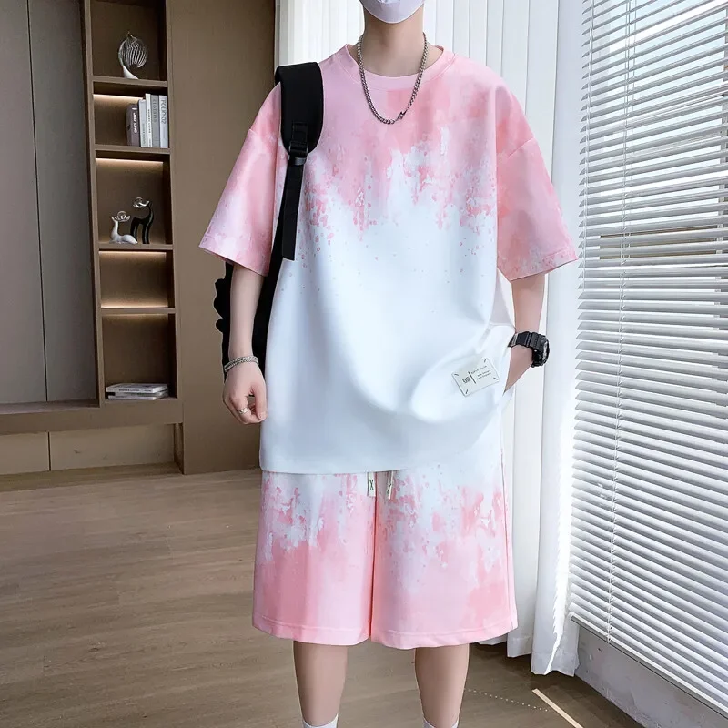 

Teen Boys Gradient Two Piece Set Summer Loose Short Sleeve Tee Elastic Waist Shorts Streetwear M 4XL