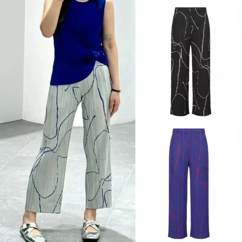 

Miyake Pleated Striped Pants Women 2025 Fashion Versatile Casual Plisse Trousers Fall Line Printing Series Pleats Straight Pants