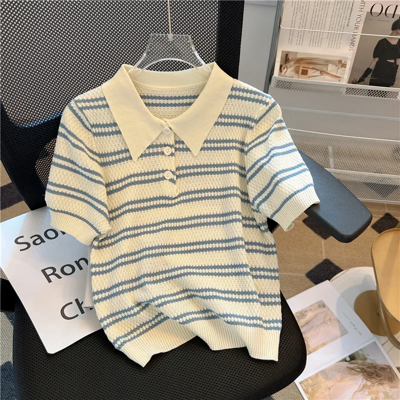 Summer Slim Fit Polo Neck Knit T-Shirt Women Striped Short Sleeve Ribbed Collar Soft Breathable Textured Classic Elegant Style