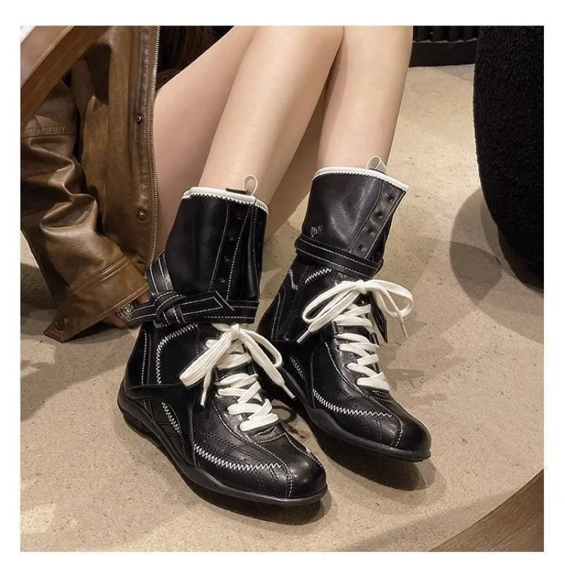New Retro Lace Up Mid Calf Boots Contrast Stitching Round Toe Low Heel Fashion Casual Ladies Versatile Street Style Short Boots