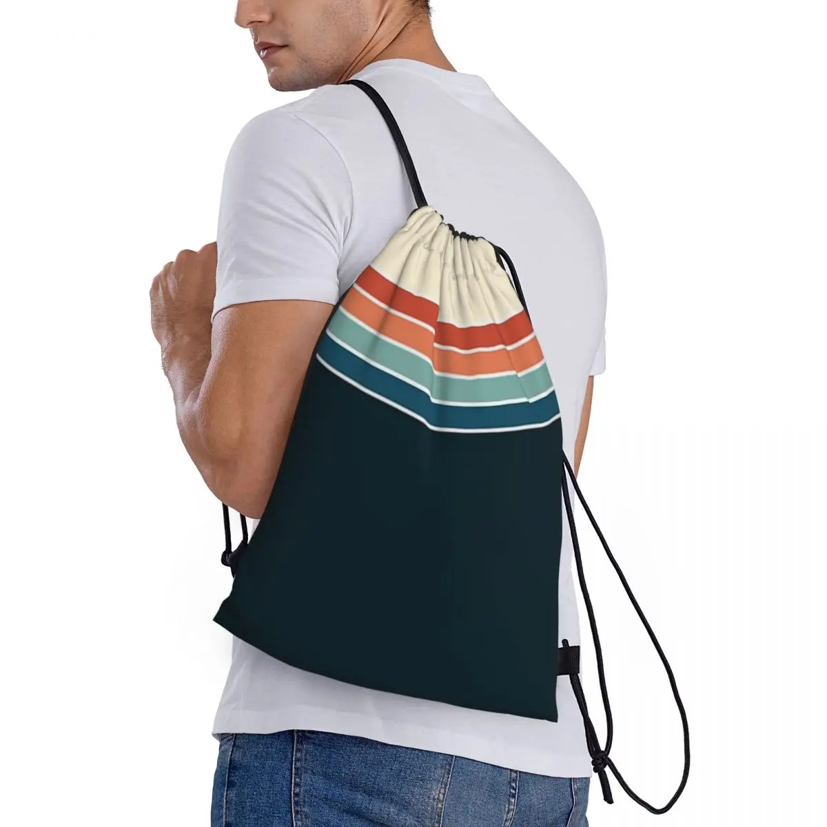 Custom Pattern Logo Drawstring Bag 70s Vintage Retro Stripes Travel Backpack Student Storage Bag School Bag  ꦫ