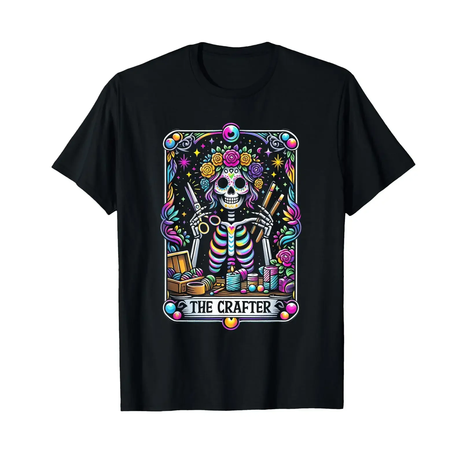 Funny Sugar Skull Crafty The Crafter Tarot Card Skeleton T Shirt vintage Washed graphic Stretched Comfortable designer clothes