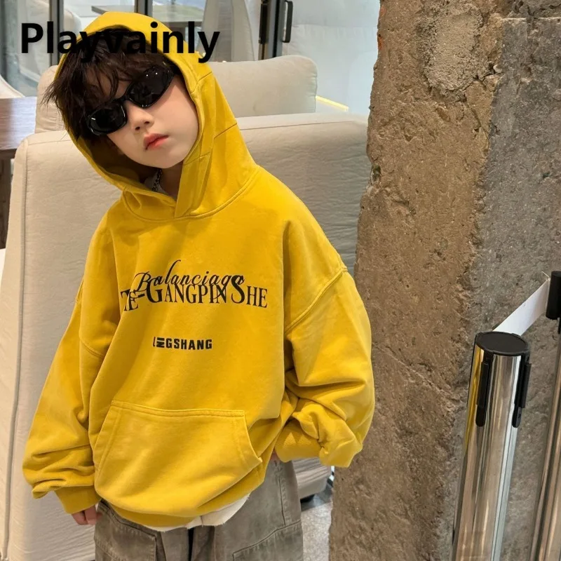 

Детская толстовка в корейском стиле, весна-осень, желтые толстовки с капюшоном и буквенным принтом для мальчиков и девочек, повседневный свободный детский пуловер с капюшоном A5055