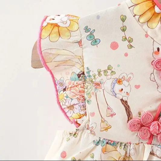 Summer Baby Girl New Dress Sweet Little Rabbit Printed Flying Sleeves Chinese Style Qipao Suitable for Children of 80-120 Height