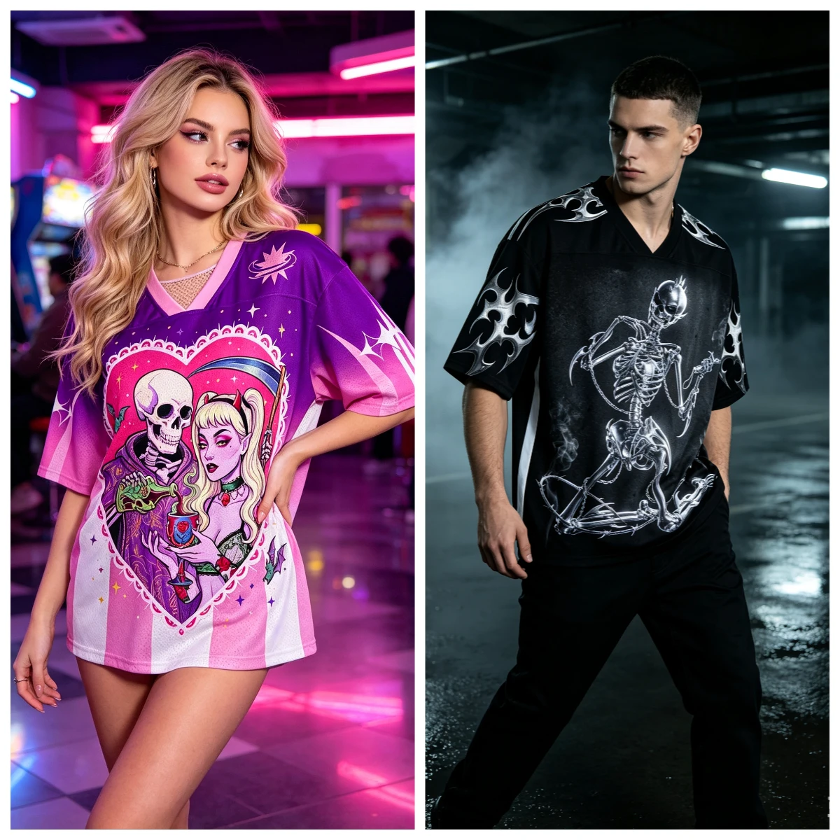 Sweetheart Devil Skull Couple Printed Jersey Children Adult Men and Women V-neck Loose Dark Gothic Breathable Short Sleeve