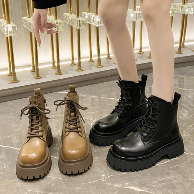 2023 Fashion Ladies Shoes Lace Up Women Boots Winter British Style Round Toe Solid Middle Tube Chunky Heel Large Size Nude Boots