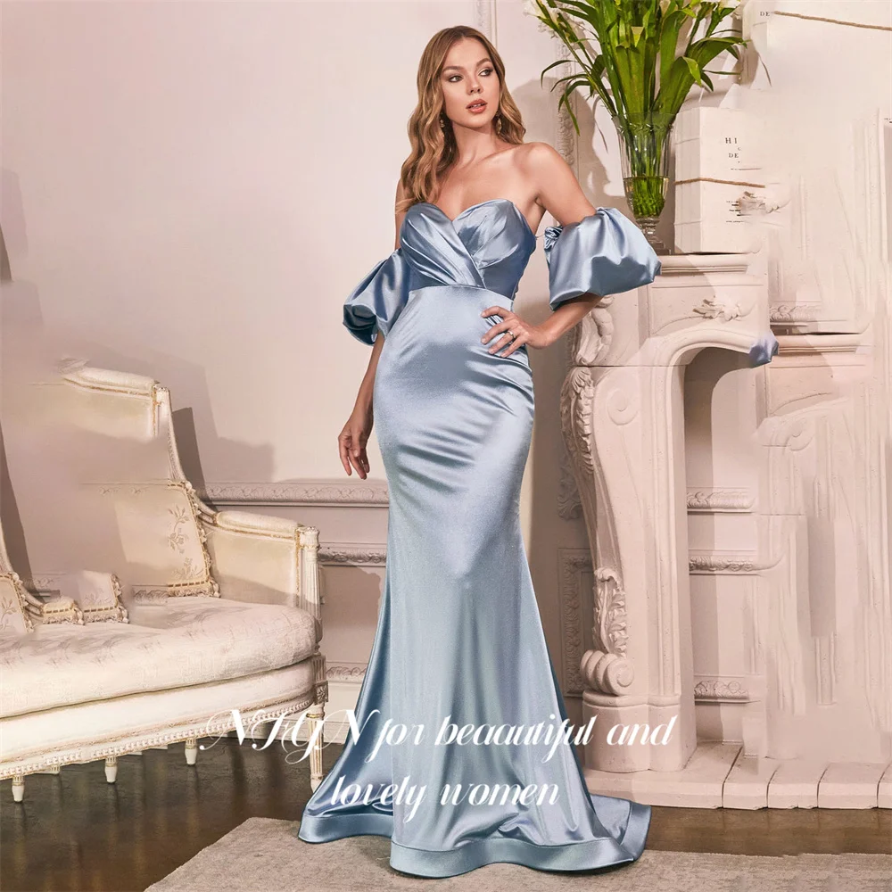 

NFYN Light Sky Blue Long Stain Formal Dinner Dress Mermaid Trumpet Off the Shoulder Night Dresses Pleat Evening Gown Customized