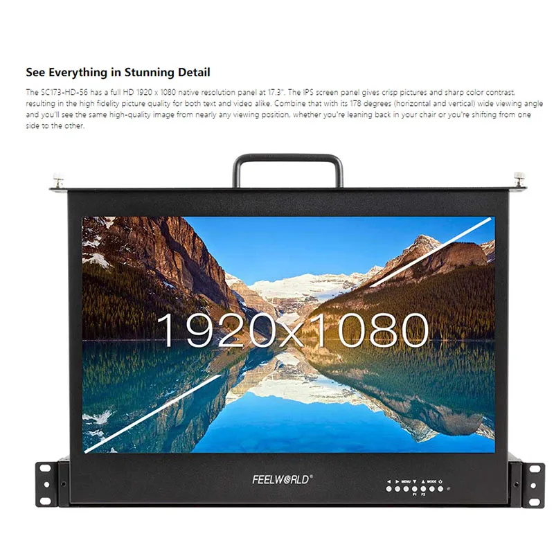 Feelworld 17.3 Inch 1RU Pull Out Rack Mount Monitor Full HD 1920x1080 SC173-HSD-56 for Broadcast Director Monitor