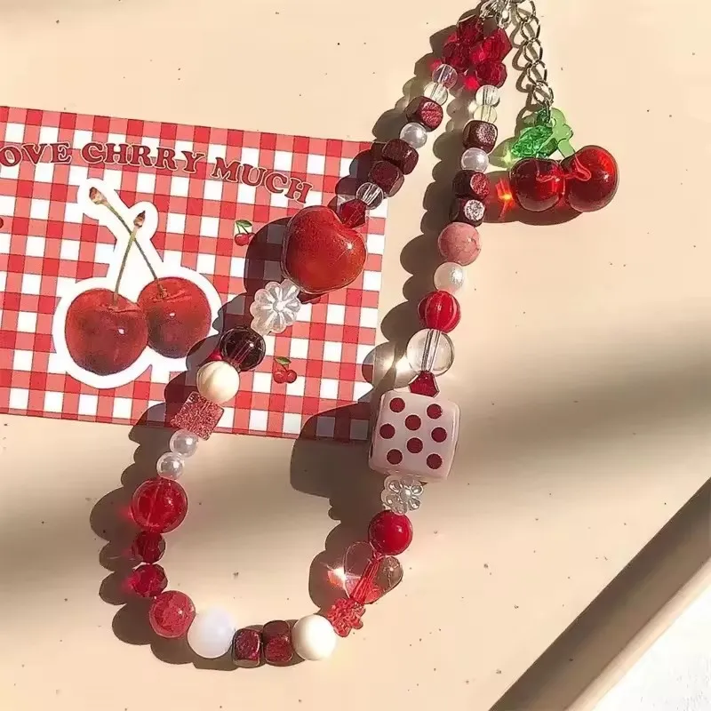 Ins Sweet Cute Fashion Cherry Phone Charm bracciale Pearl Bead Lanyard catena del telefono cellulare accessorio per gioielli portachiavi sul telefono