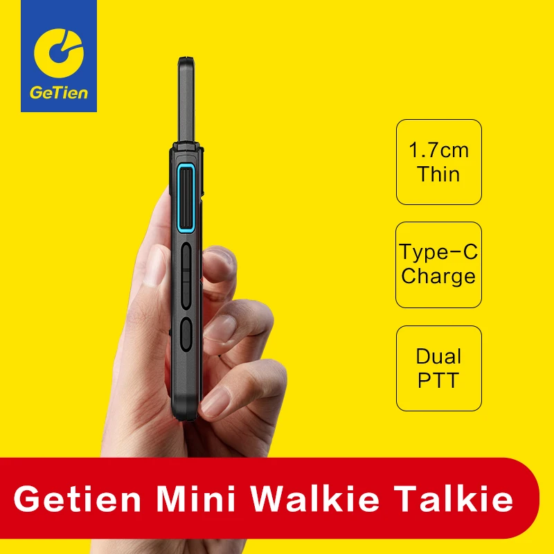 Getien Mini Walkie Talkie 17mm Ultra-thin  Type C Charge Dual PTT 2 Pieces Portable Handheld Radio Wireless Set Two