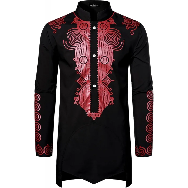 

Men's Traditional African Dashiki Tunic Long Sleeve Shirt with Metallic Foil Stamping and Mandarin Collar​