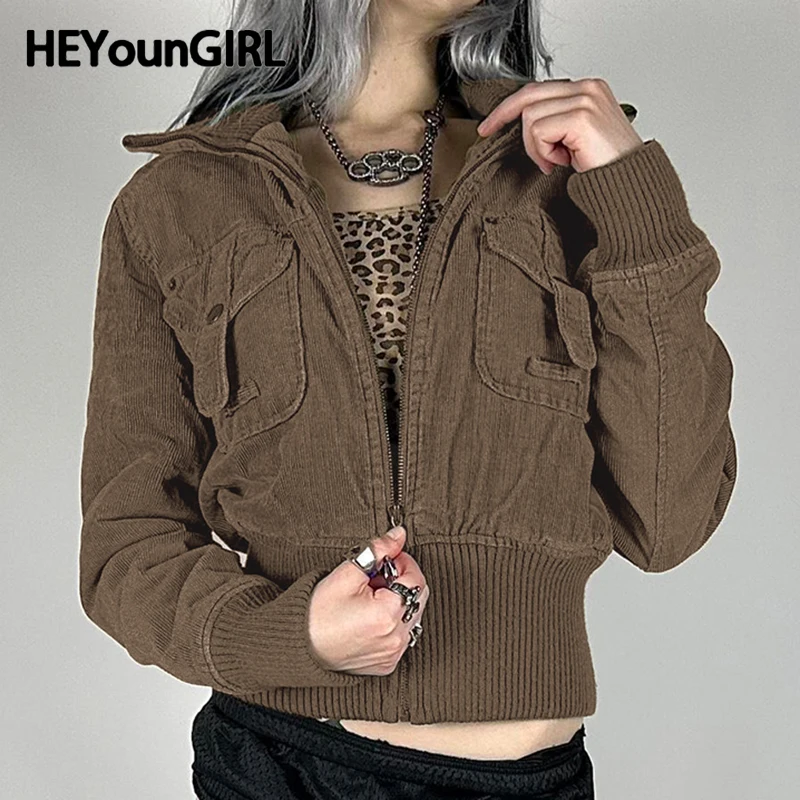 HEYounGIRL Y2K Corduroy Jacket Women Fashion Autumn 2000s Brown Zip Up Coat Vintage Pocket Detail Slim Fit Outerwear Streetwear