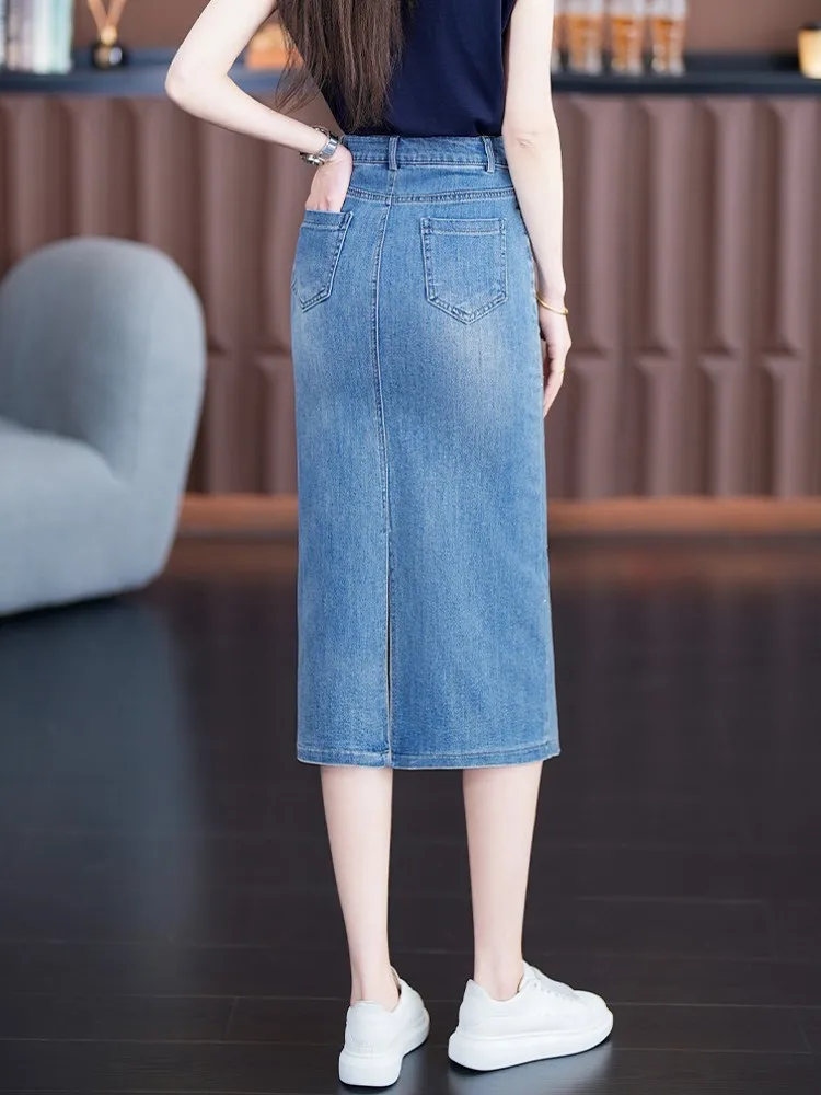 Women Summer Women Knee Length Shiny Diamonds Slim Fit Wrap Denim Skirt Office Ladies Casual High Waist Pencil Skirts Streetwear