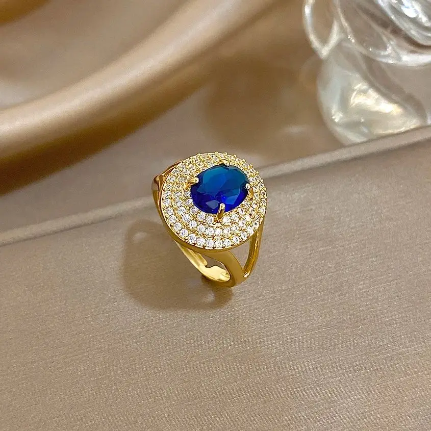 

Freetry Luxury Blue Zircon Gold Plated Rings For Women Retro Sparkling Rhinestones Adjustable Knuckle Ring Wedding Bride Jewelry