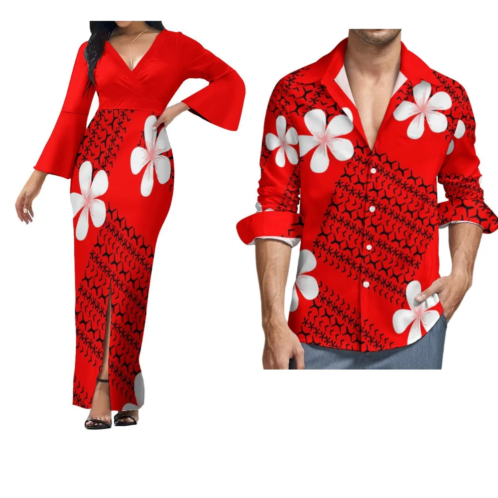 

Summer Autumn Flared Sleeve Maxi Polynesian Couple Dress Floral Print National Dress Men'S Long Sleeve Shirt Women'S Dress