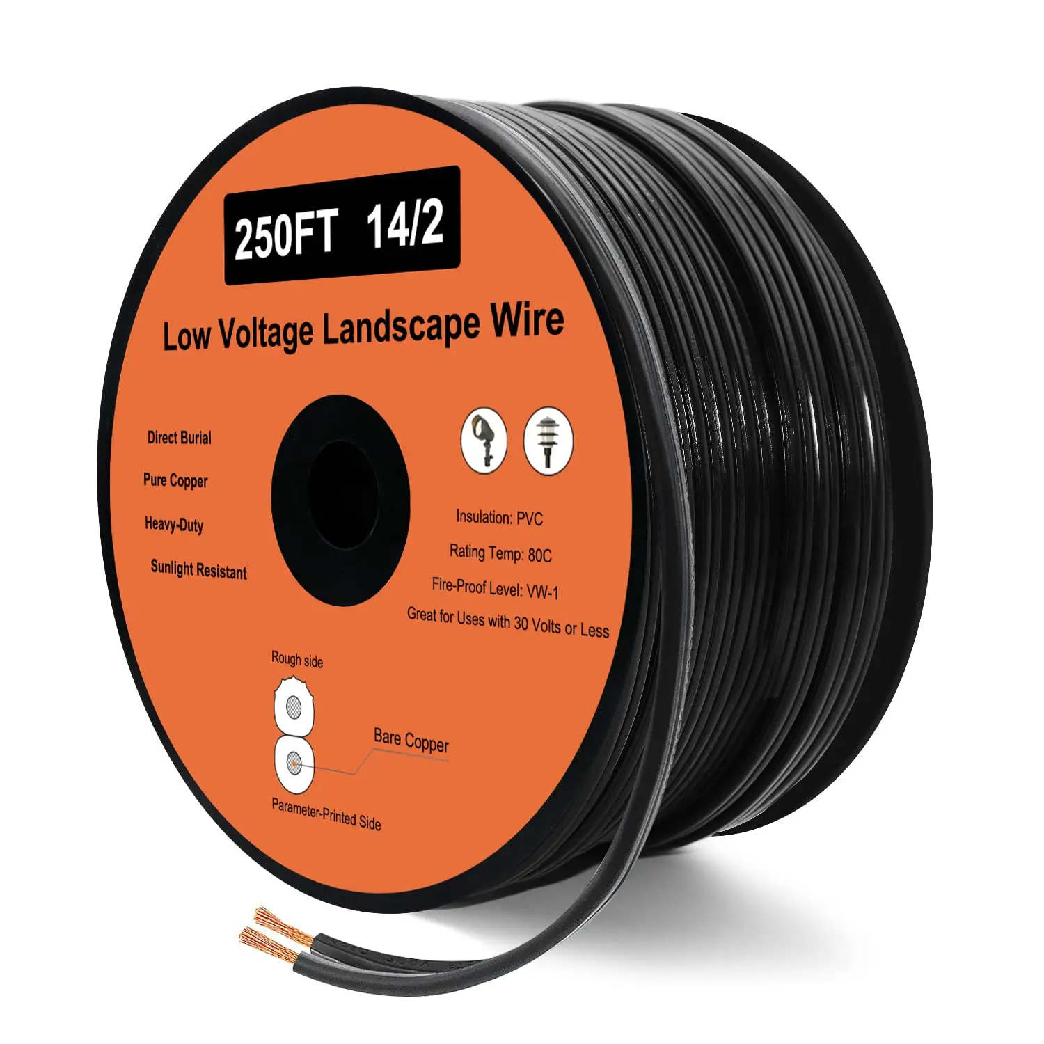 14/2 Low Voltage Landscape Wire, 14 Gauge Wire 2 Conductor 250 Feet, Low Voltage Wire, Outdoor Direct Burial Electrical Wire