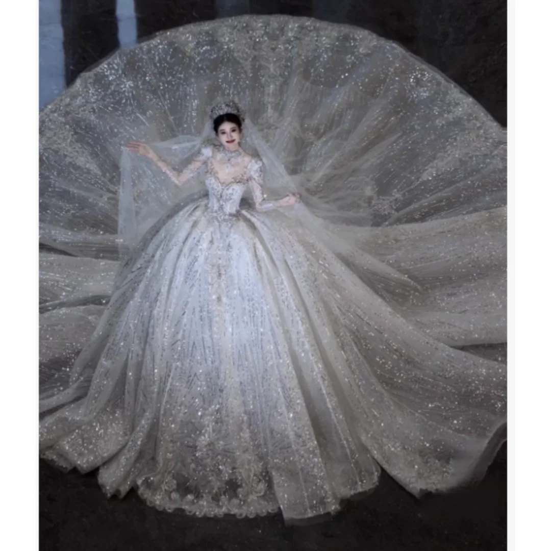 Custom 2026 Hot Sell Luxury Elegant Large Skirt Princess Wedding Dress Round Neck Bead Embroidery Lace Sequins Vestido De Novia