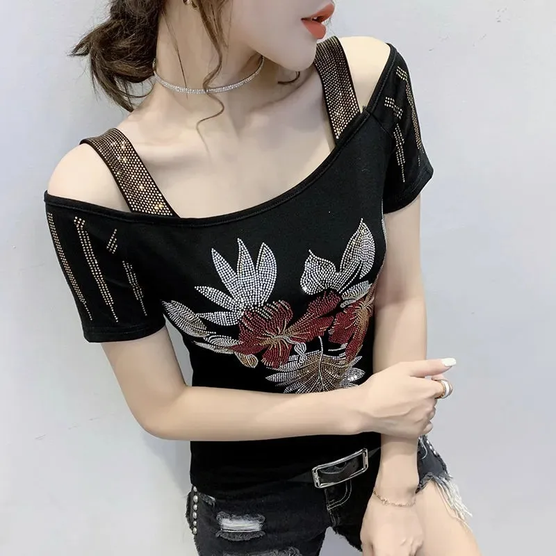 Primavera verão nova manga curta quente diamante camiseta fora do ombro sexy emagrecimento camisa de fundo topos para mulher
