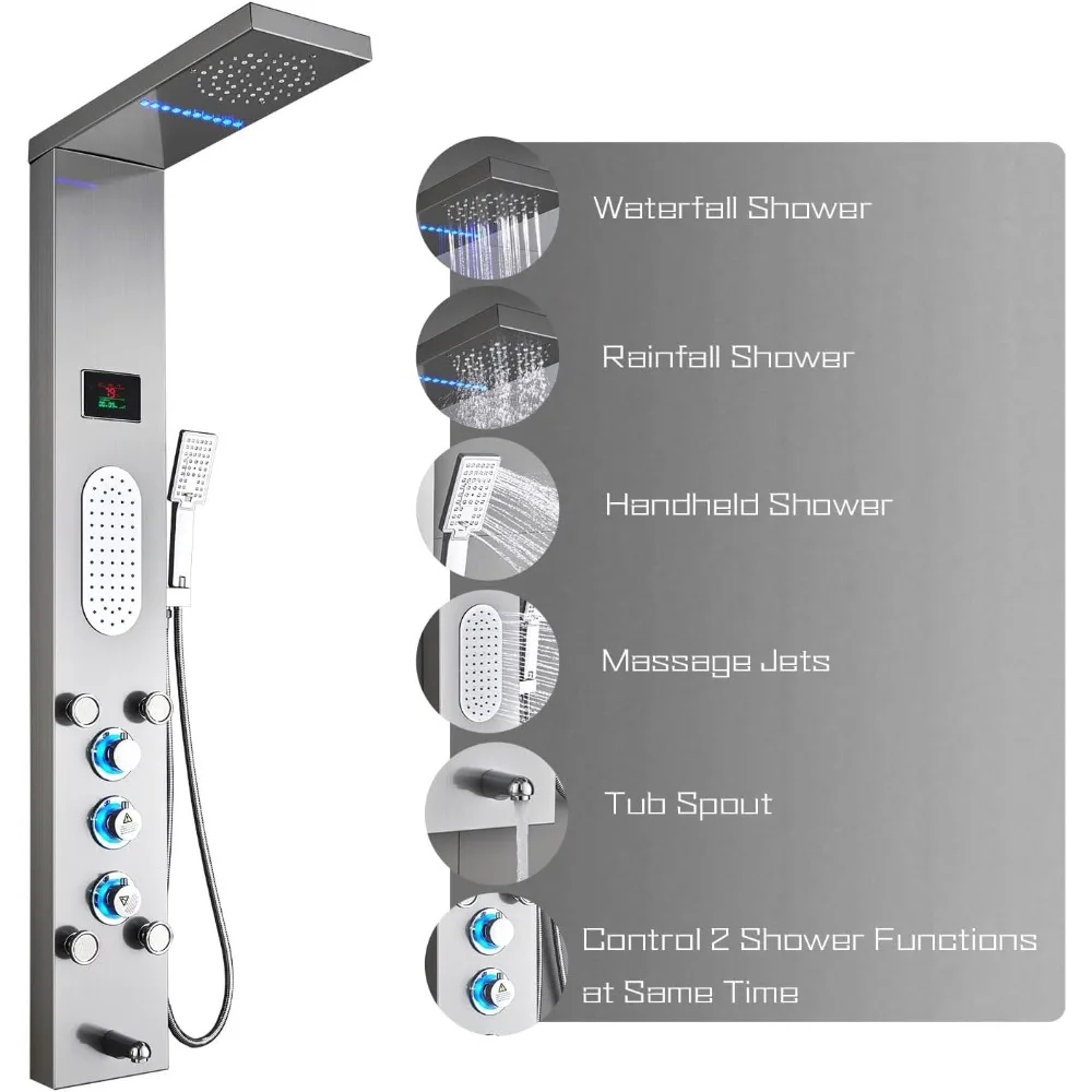 ELLO&ALLO LED Shower Panel Tower System, Rainfall and Mist Head Rain Massage Stainless Steel Shower Fixtures