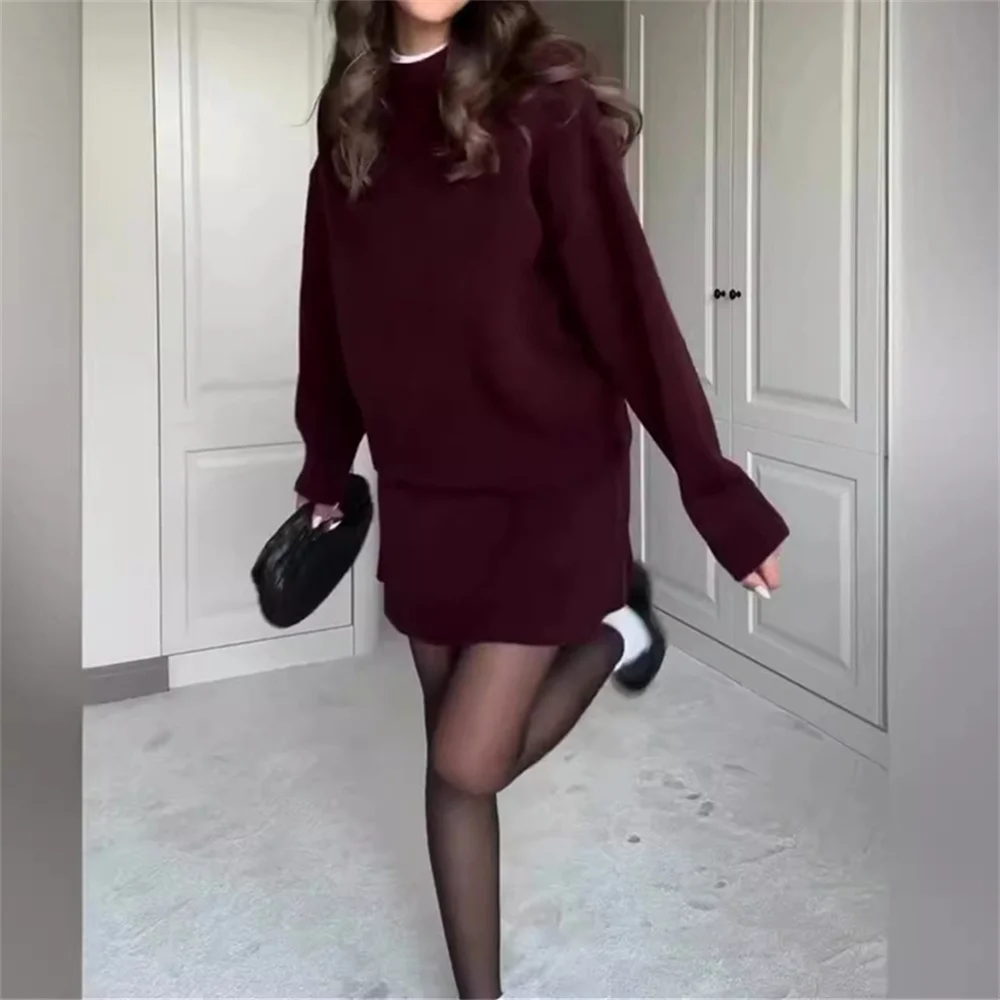 Elegant Solid Knitted Sweater and Skirt 2 Piece Set Women 2024 Autumn Winter O-neck Long Sleeve Top Mini Skirt Suit