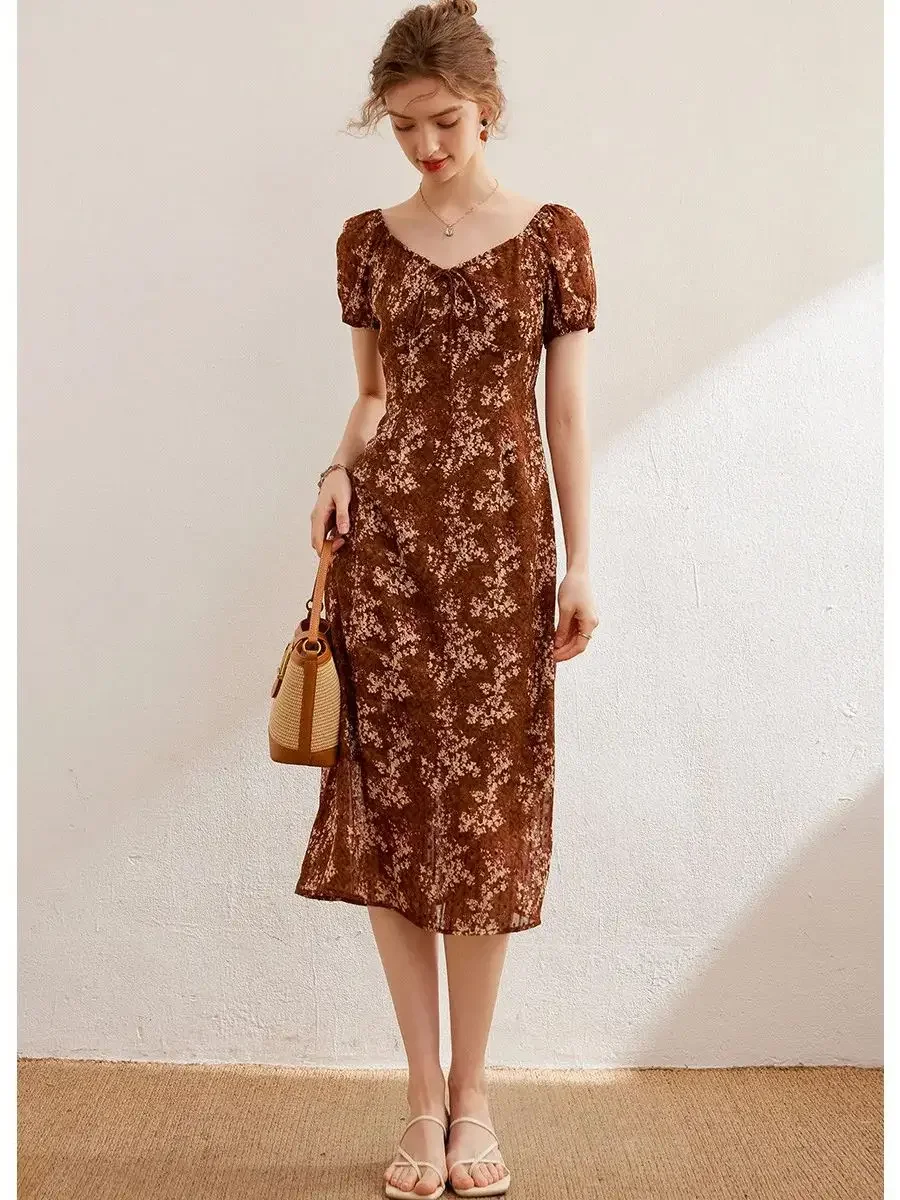 LOUIS YAO Women Dress 2024 Summer Frint Floral Dress Fashion Slim O Neck Short Sleeve Long Dress