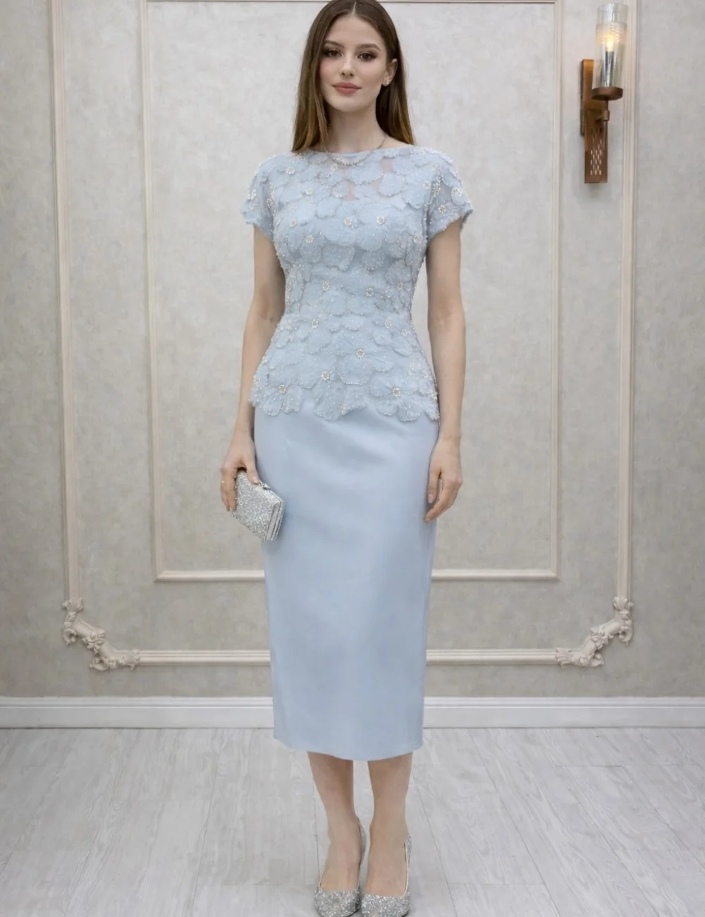 

Customized Sky Blue Matching Pastrol Handmade Flower Beading Pleat Straight Scoop Neck Tea Length Evening Dresses High Quality