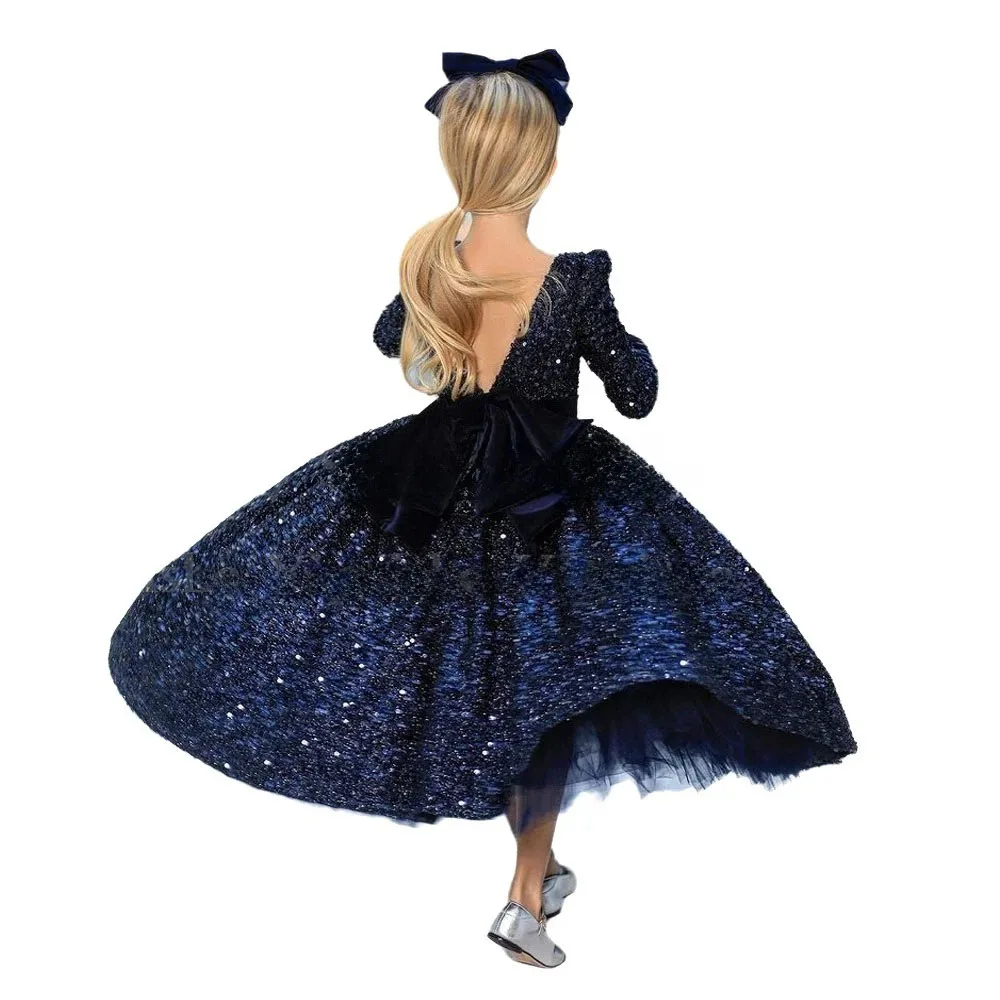 Vestido de niña de flores con lentejuelas brillantes para boda de 2 a 14 niños, vestido de fiesta de cumpleaños de Navidad con desfile de princesa de manga larga personalizado