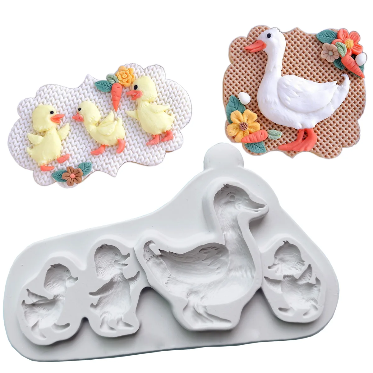 Mother Duck and Ducklings Silicone Mould Fondant Cake Decorating Silicone Mold Clay,Sugarcraft Cupcake Top Chocolate Baking Tool