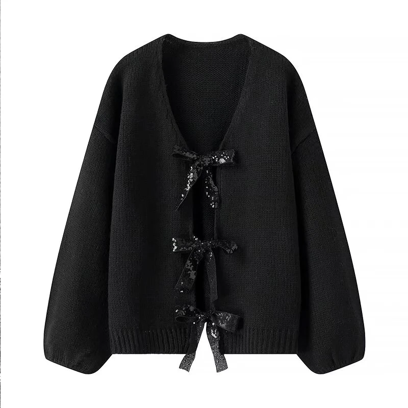 Autumn Winter Warm Woman Cardigan Sweater Casual Bow Sexy Knit Women\'s Clothing Loose Knitwear Soft Female Tops