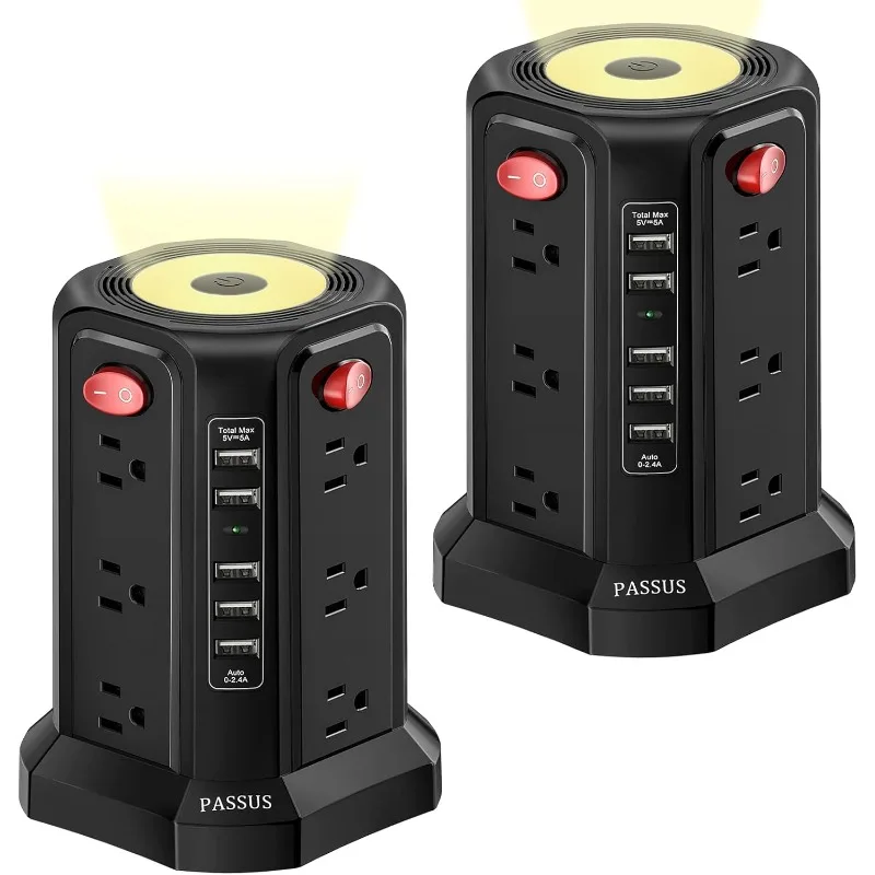 

Башенный удлинитель с 5 портами USB и ночником, удлинитель длиной 10 футов с 12 несколькими розетками переменного тока, PASSUS Powe