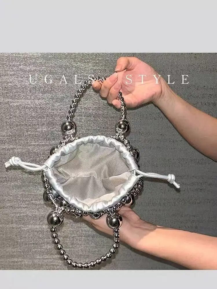 Shiny Beads Beading Woven Handmade Hobo Bag Fashion Women Handbag Hollow Out String Pocket Casual Bag Shoulder Crossbody Bag