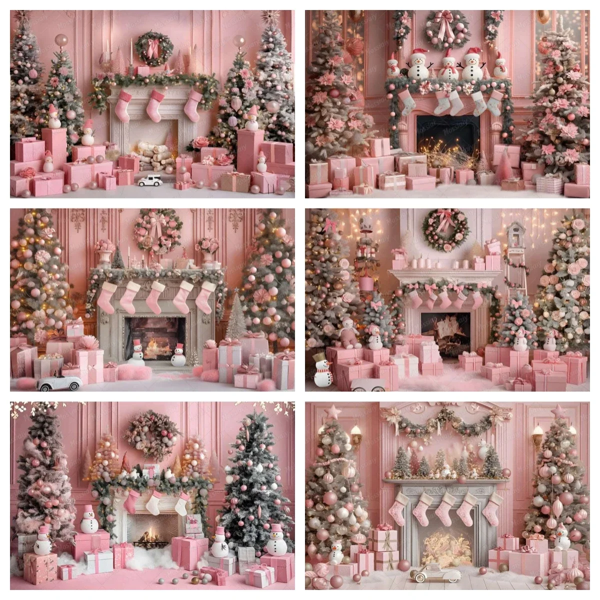 Rosa Weihnachtskamin-Fotografie-Hintergrund, Weihnachtsbaum, Schneemann, Kranz, Hintergrund für Familien-Feiertagsporträts, Fotokabinen-Requisiten